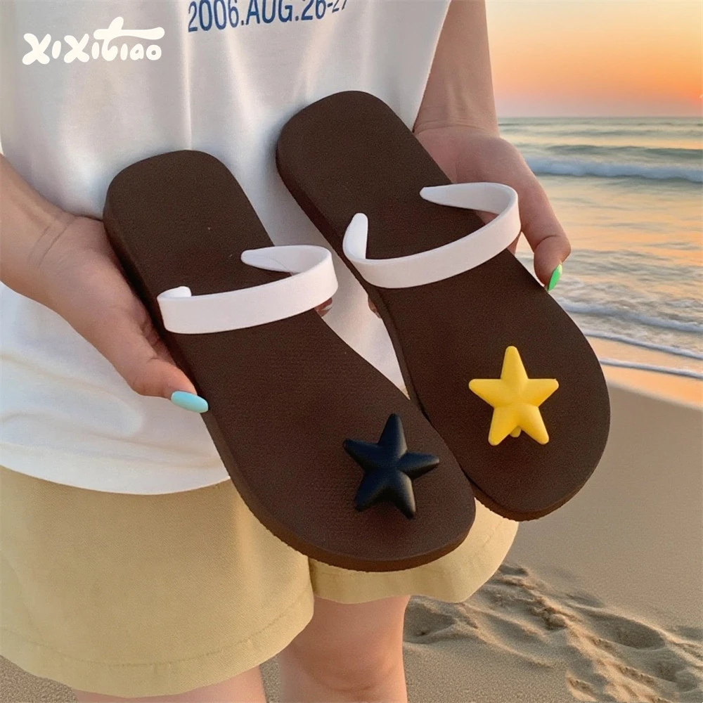 细细条 海边ins爱心星星人字拖女夹脚软底防滑时尚外穿学生凉拖鞋