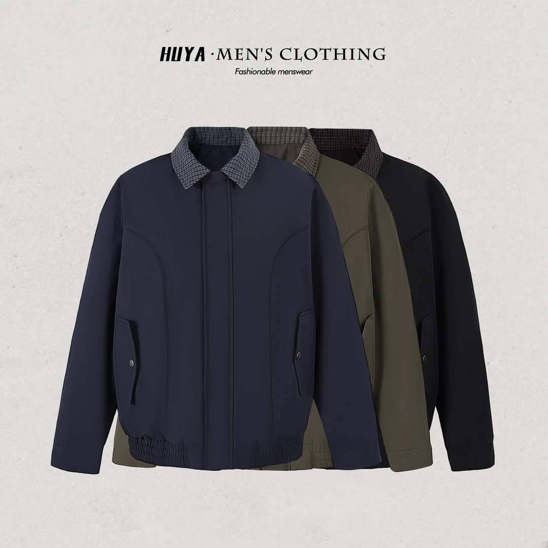 虎牙兄弟复古哈灵顿棉服夹克冬季防风翻领撞色格子领外套 C3628