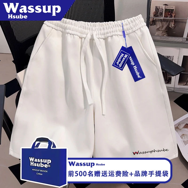 WASSUP创意街头凉感裤子夏季藏青简约字母印花五分裤男女舒适短裤