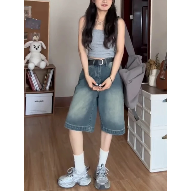 水洗高腰五分牛仔短裤女夏季新款高腰宽松阔腿显瘦百搭直筒中裤子