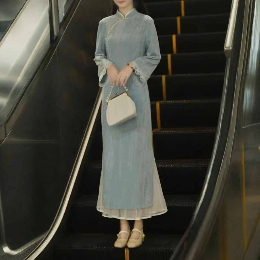 俏娘鱼蓝色新中式旗袍裙子女款爆款2025新款秋中长款长袖文艺日常