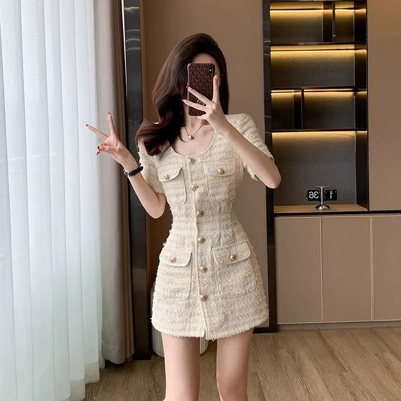 富家千金法式小香风短袖连衣裙女夏小个子高级感洋气显瘦气质裙子