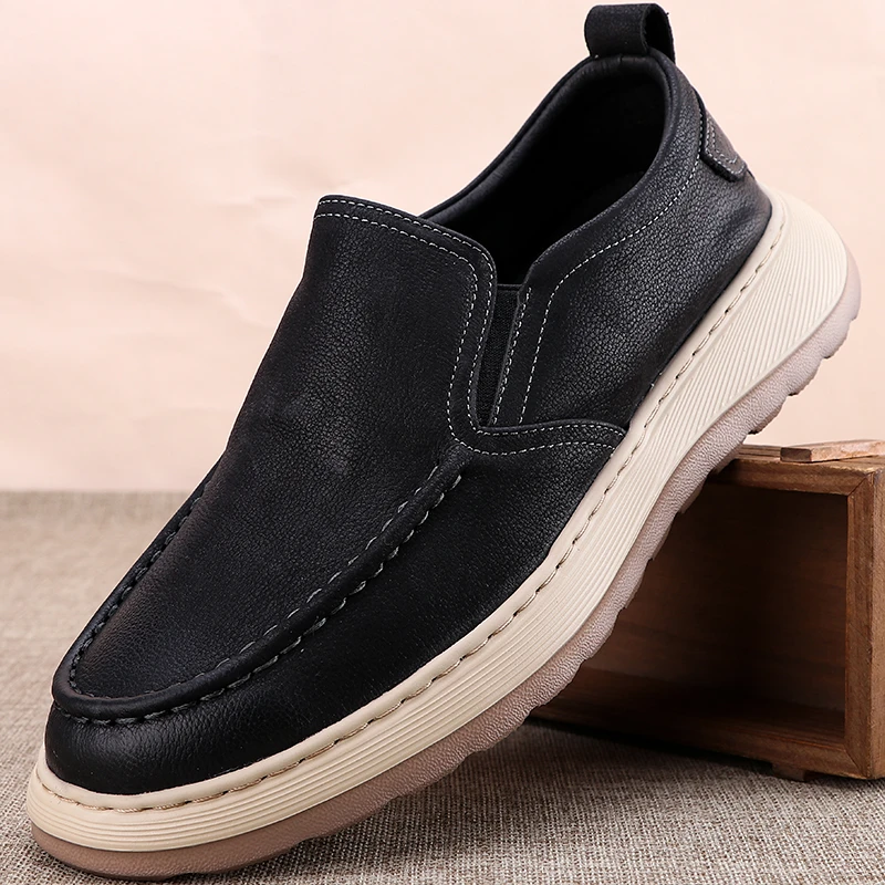 ICCLEK厚底男鞋2025新款百搭圆头休闲皮鞋男士软底一脚蹬懒人鞋