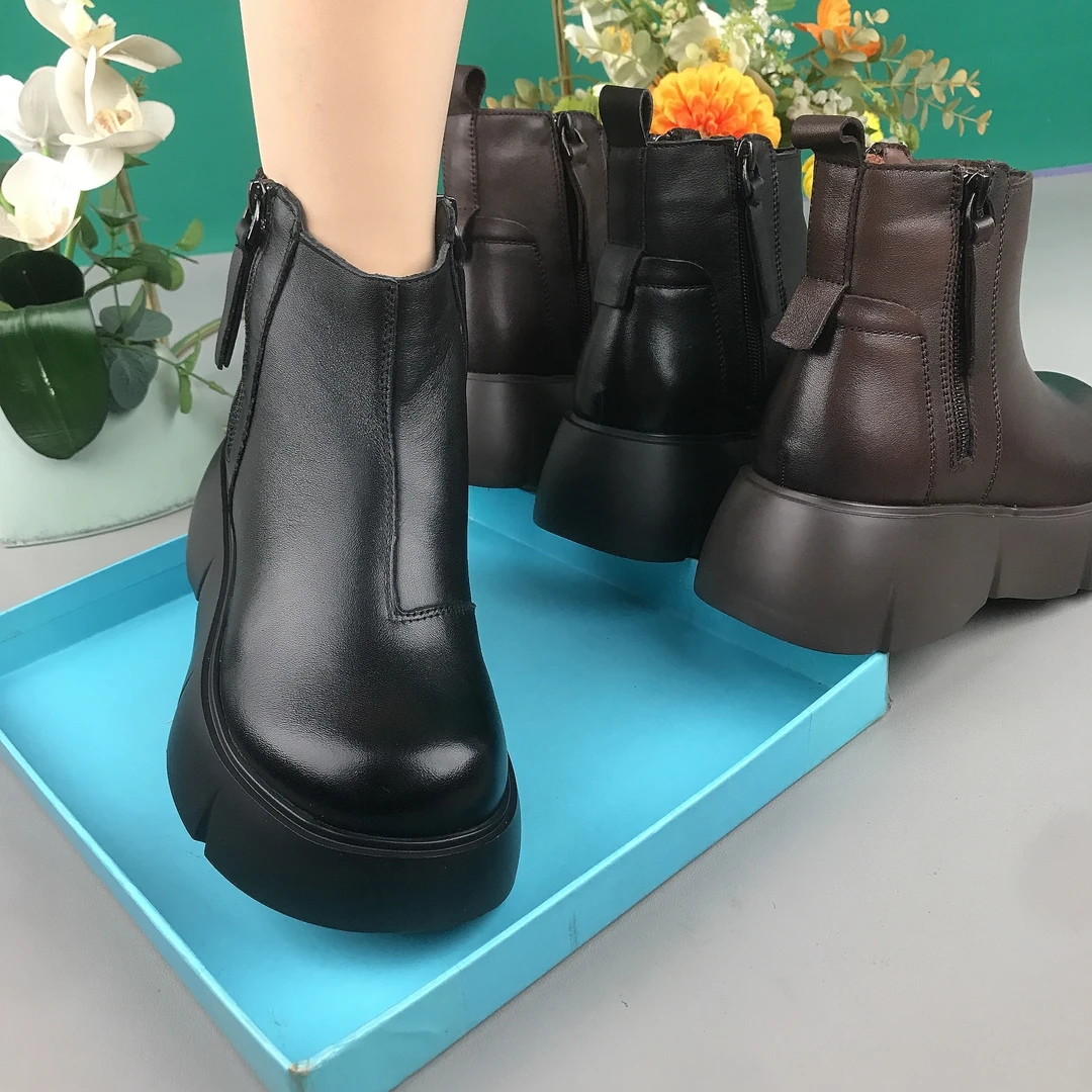 圆头厚底交叉绑带女士冬季舒适韩版秋冬马丁靴烟筒靴