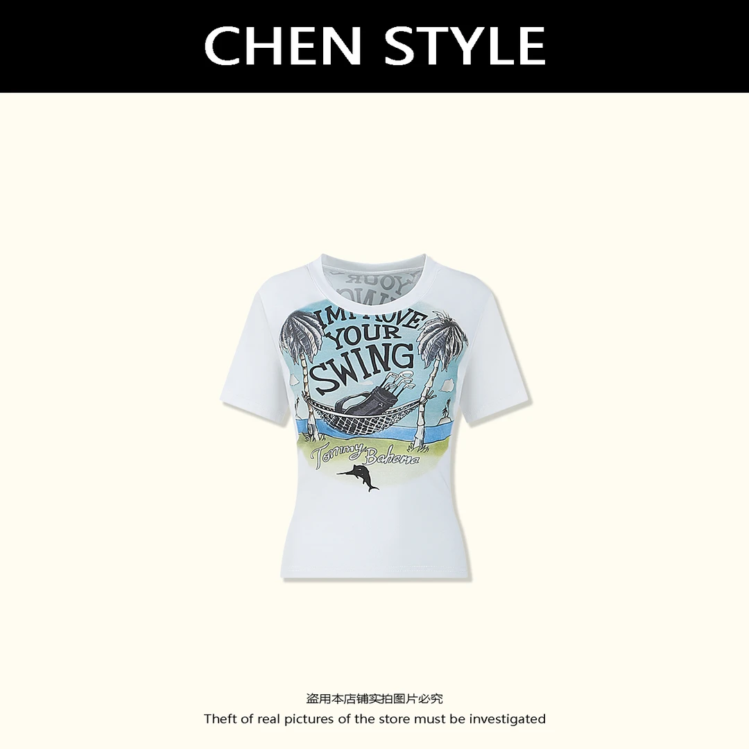 楚楚君【海风】夏季圆领沙滩印花字母短袖T恤T77185