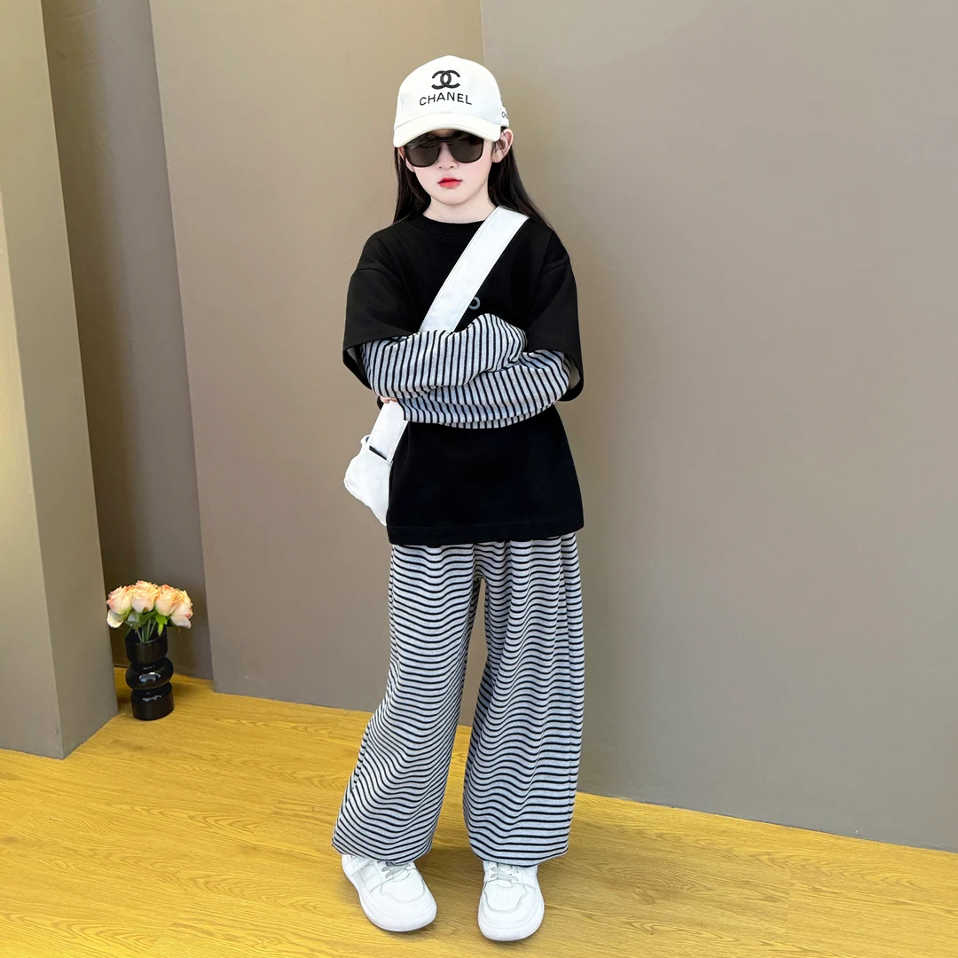 女童条纹卫衣套装秋装2025新款儿童假两件潮酷休闲穿搭初中生套装