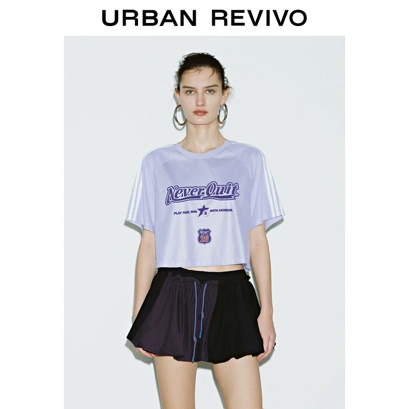 UR2025春季新品女装欧若风休闲运动字母超短款短袖T恤UYV450029