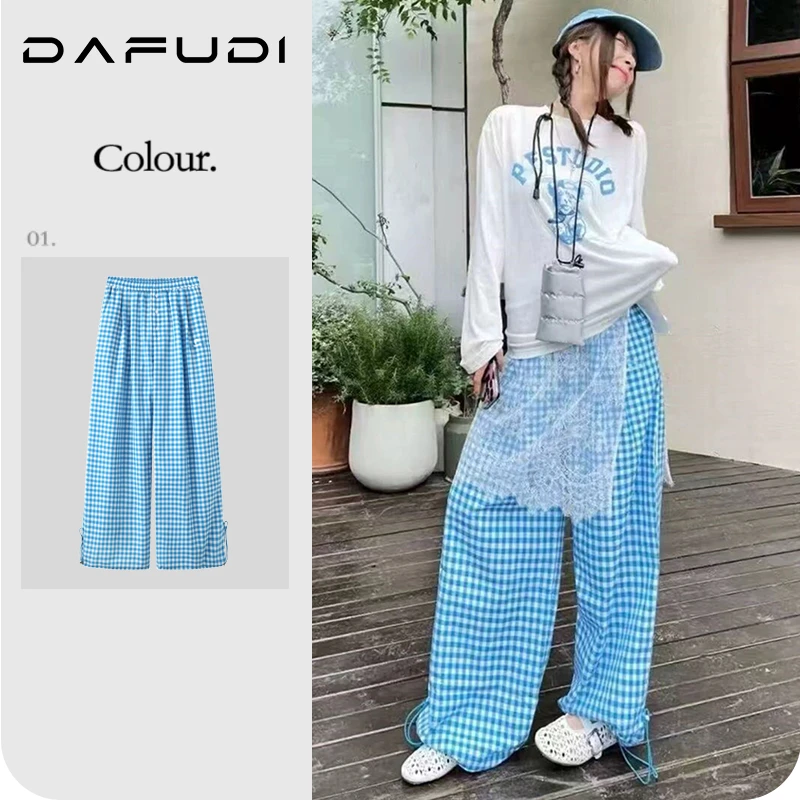 容诺【休闲裤】2025秋季新品设计时尚款清新蓝白色格纹A6683