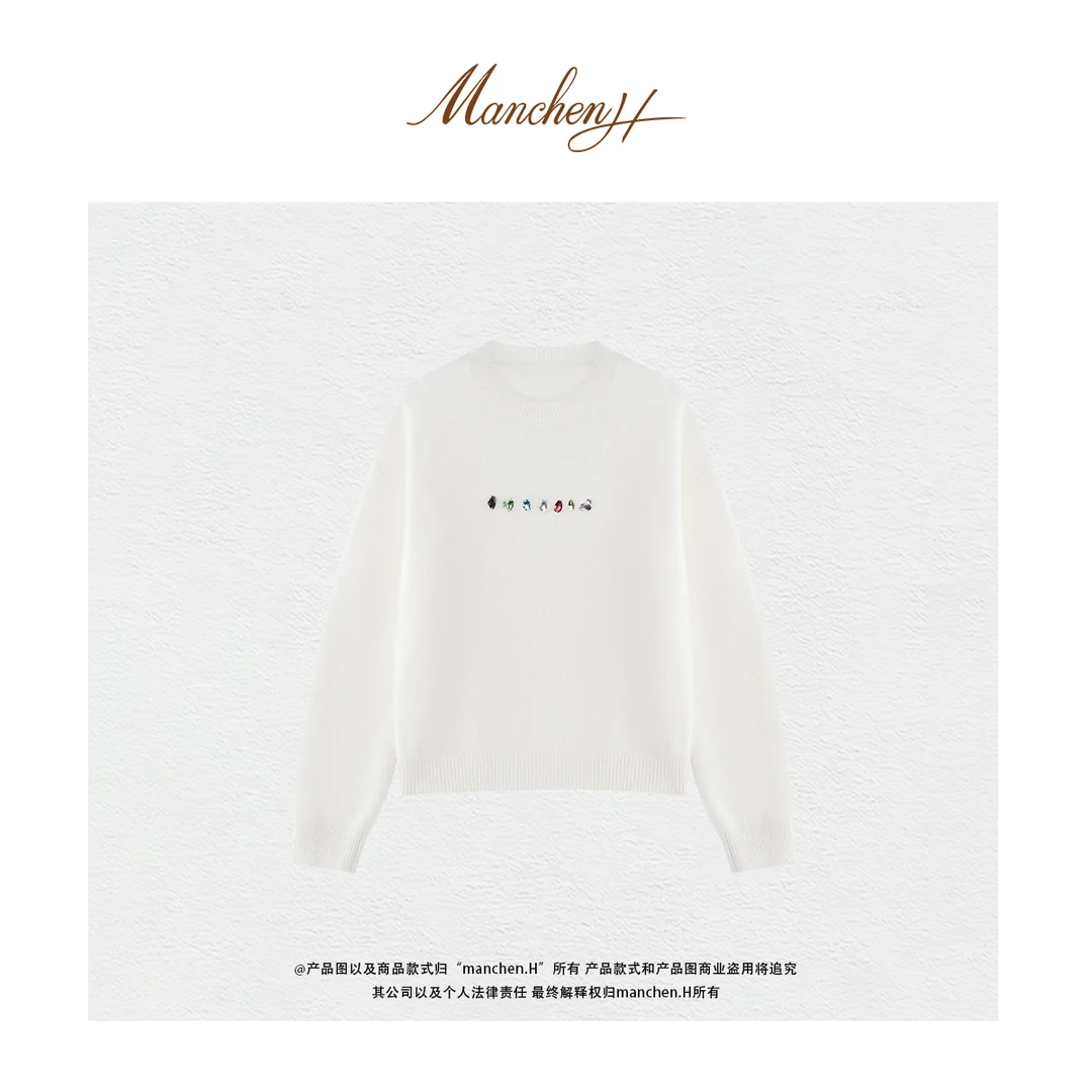 曼辰manchenh"晶缀云织"重磅100羊绒长拉绒手工施华洛钻针织衫