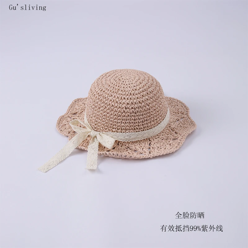 儿童草帽夏季遮阳防晒蕾丝蝴蝶结帽子婴儿韩版公主可折叠沙滩帽女
