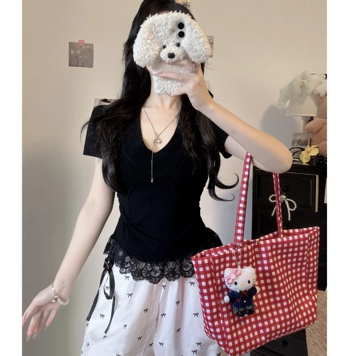 芭蕾风蕾丝下摆打底衫v领纯欲风显瘦遮肚子胖mm大码夏季短袖t恤女