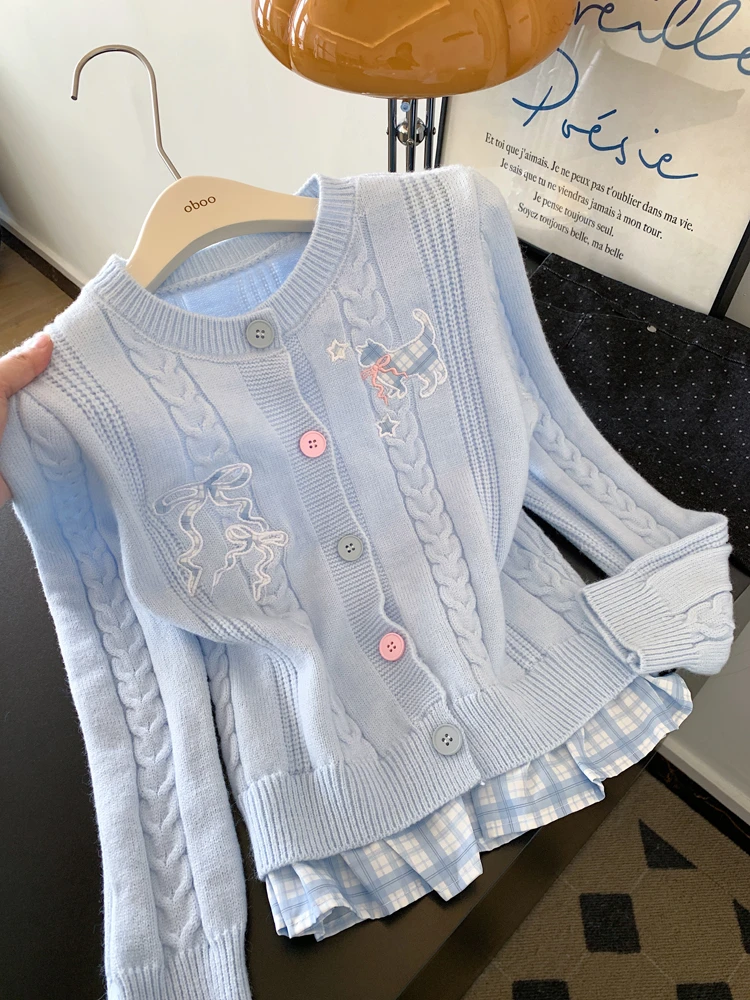 蓝色蝴蝶结刺绣假两件长袖针织开衫毛衣外套外搭女士2025新款上衣