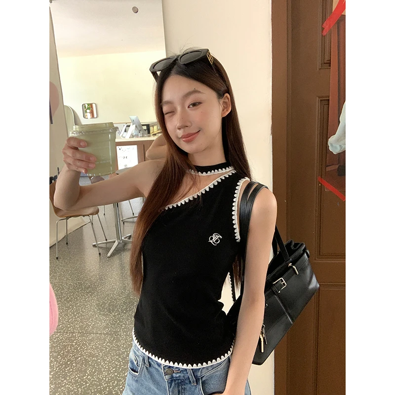 【HRG】春夏韩系辣妹斜肩系带设计感编织背心252U1431