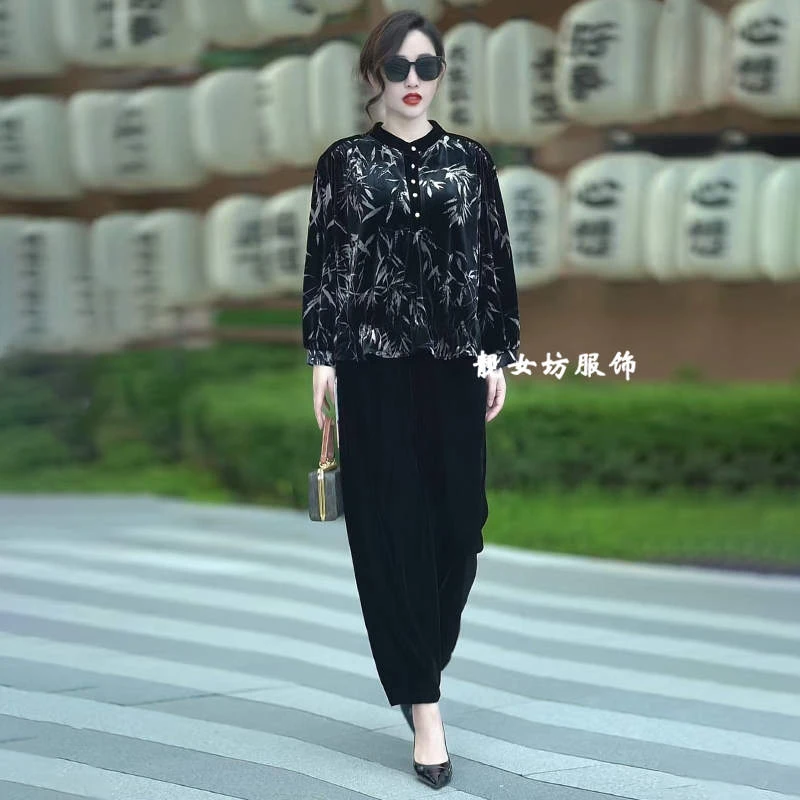 丝绒烫金上衣秋季新款大码衬衫休闲哈伦裤气质T恤衫小脚裤套装女