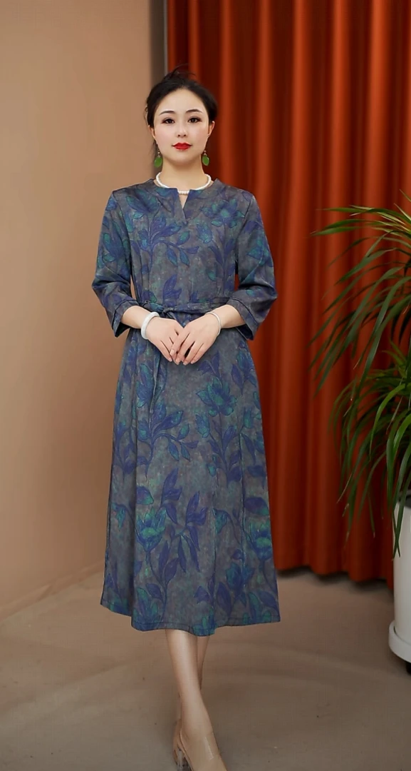 彼岸花YJ3851时尚妈妈装中长款连衣裙