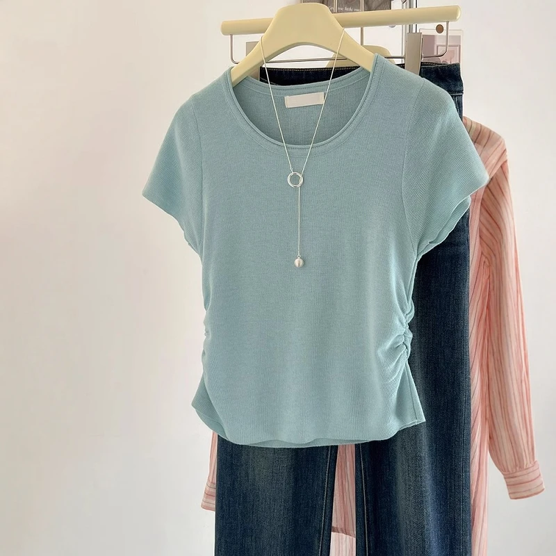 韩系绿色针织小飞袖正肩短袖T恤女夏季小个子褶皱收腰冰丝上衣薄