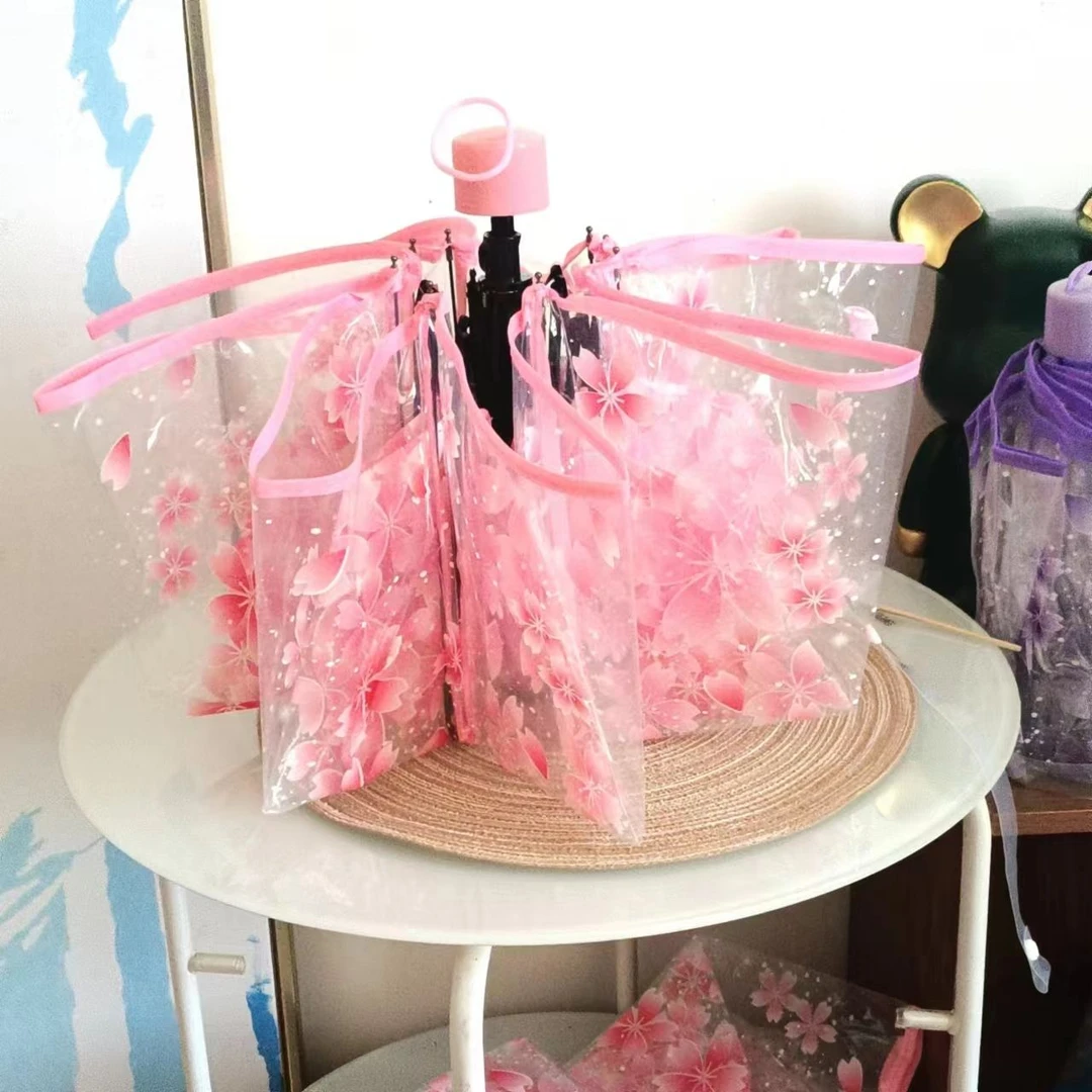 樱花透明女神软妹三折折叠伞自动伞少女心ins雨伞厂家现货批发