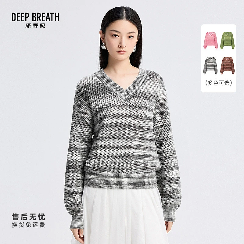 DEEP BREATH深呼吸女装新款V领段染花纱宽松水滴袖针织衫A302044