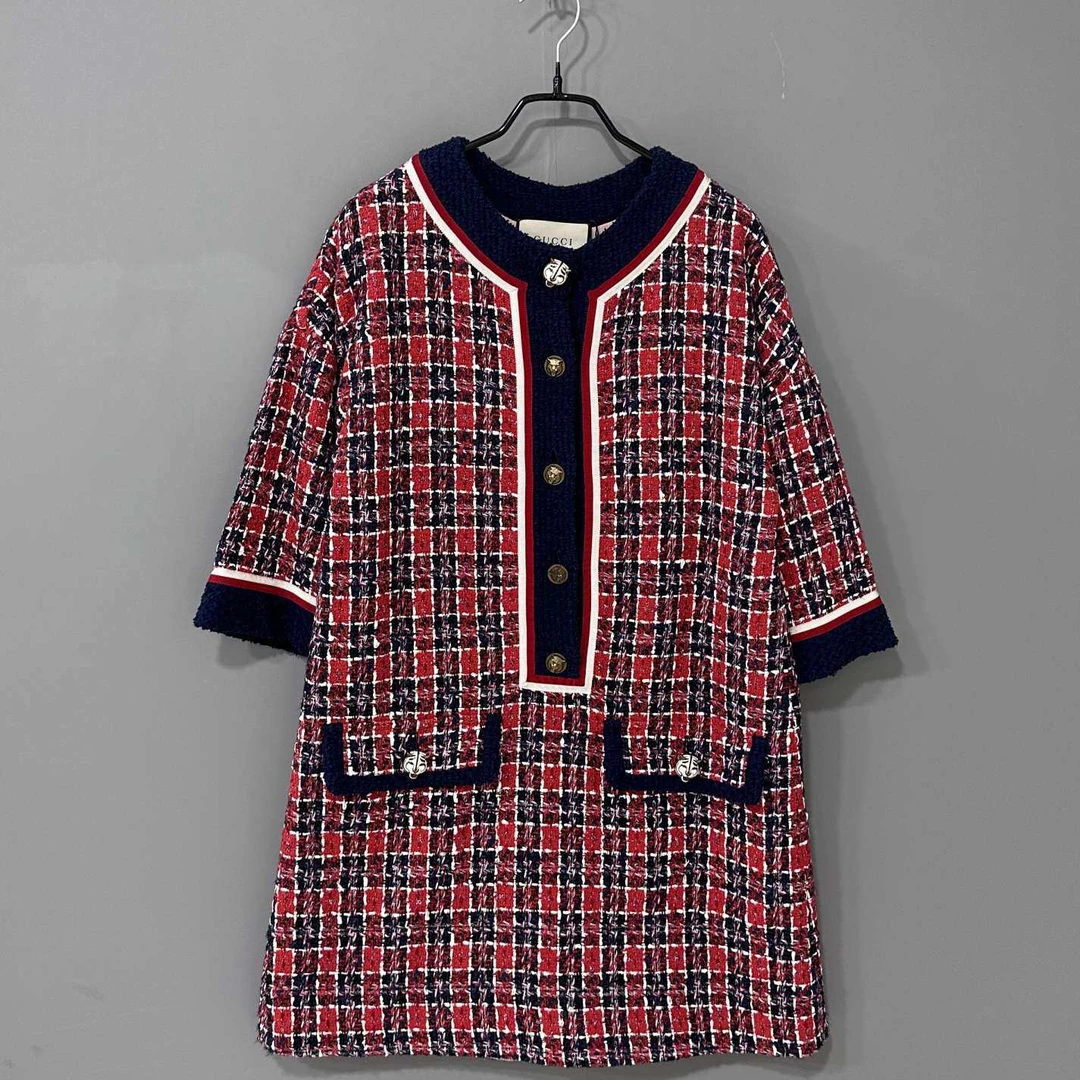 99新 GUCCI/古驰 红格纹编织连衣裙/40码/23297