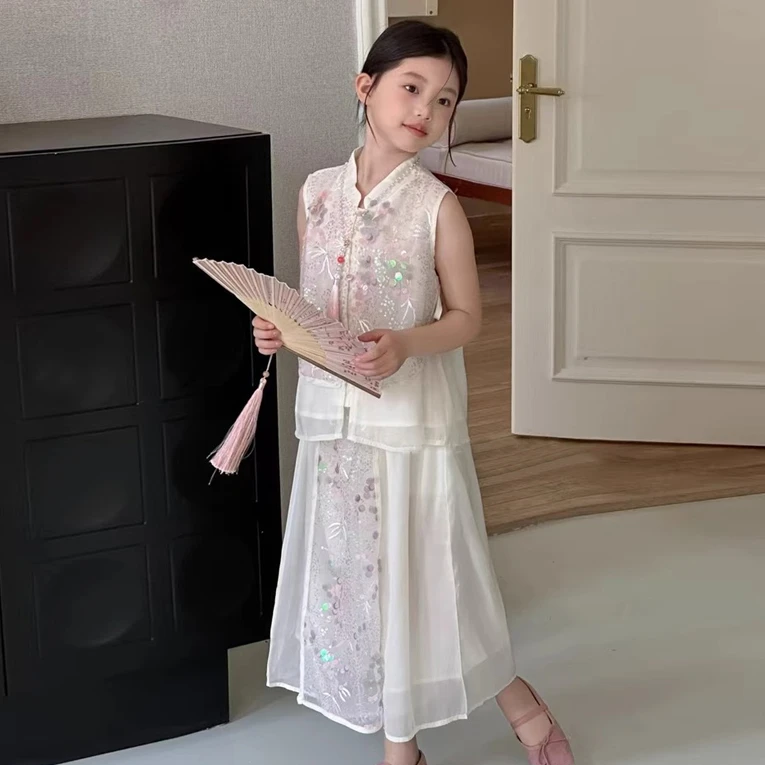 女童新中式夏装套装2025新款洋气时髦爆款小女孩国风裙裤两件套潮