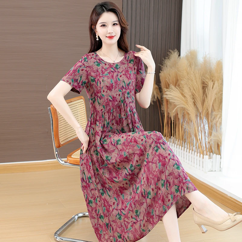 2025夏季新款棉绸连衣裙中长款宽松大码时尚外穿旅游度假沙滩裙子