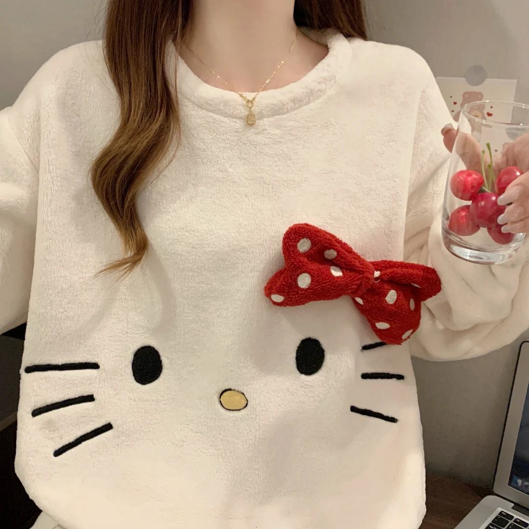 女圆领秋冬加厚睡衣家居服套装保暖卡通上衣加绒套装宽松慵懒甜美