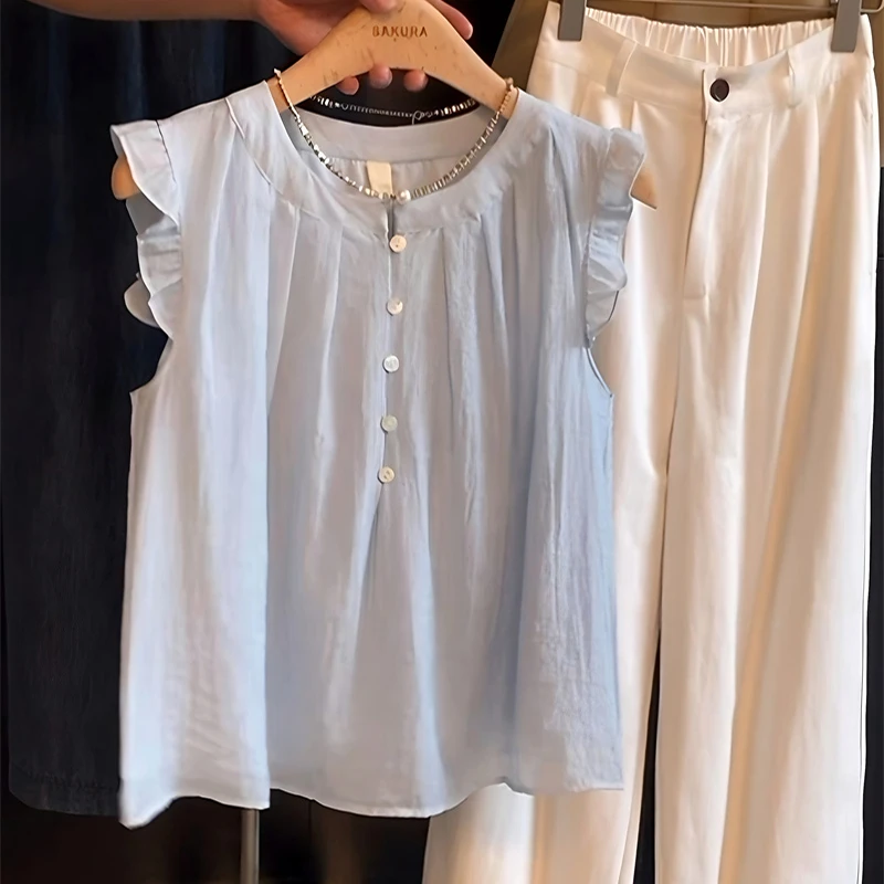 2025夏季新款法式蓝色小飞袖衬衫女夏季设计感独特别致荷叶边上衣