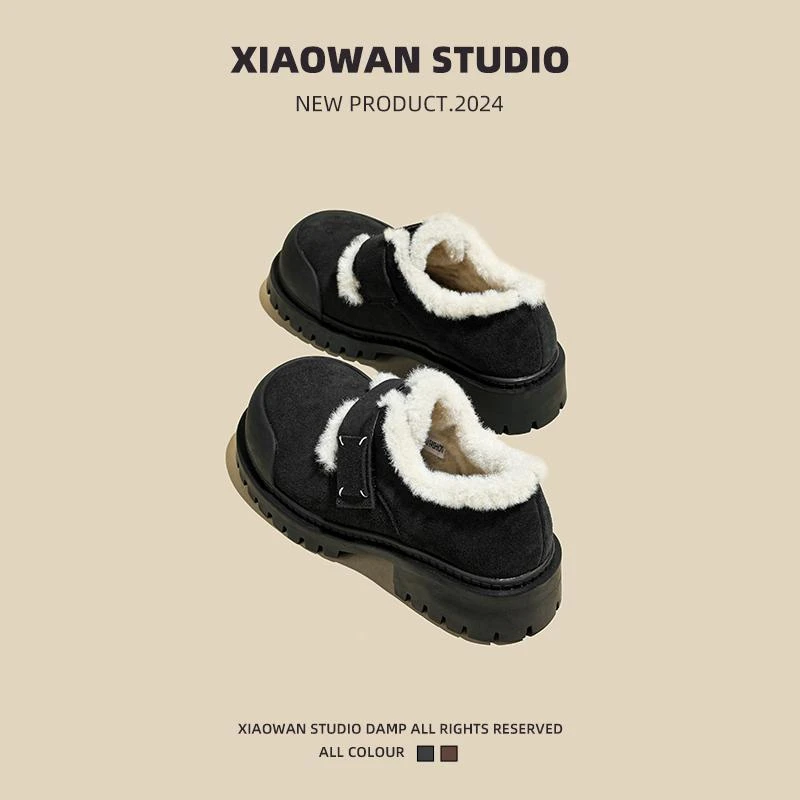 复古魔术贴勃肯鞋女2025冬季新款加绒保暖毛毛鞋厚底增高百搭棉鞋