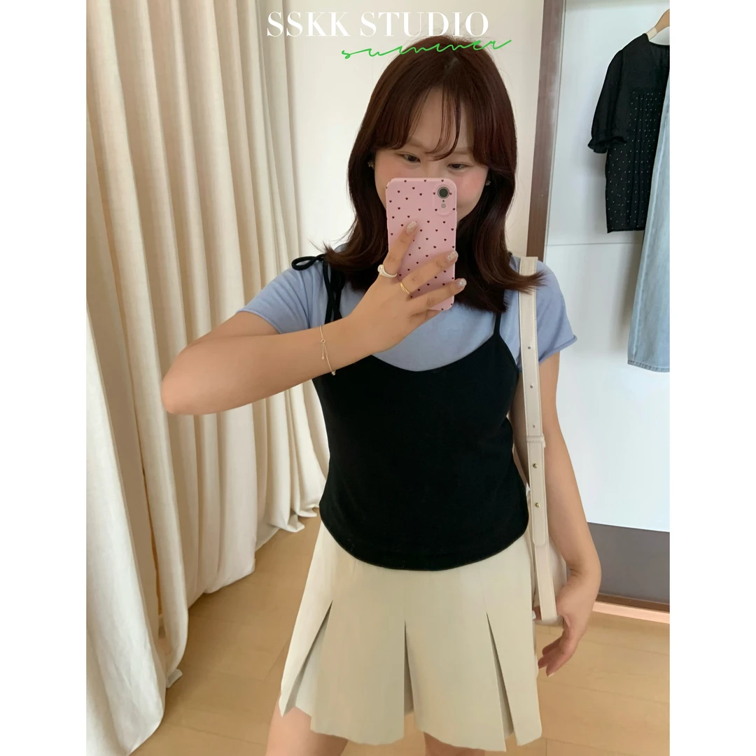 KMZY/KMZY山_山【甜韩姐姐】微胖韩系系带吊带背心叠穿假两件上衣女