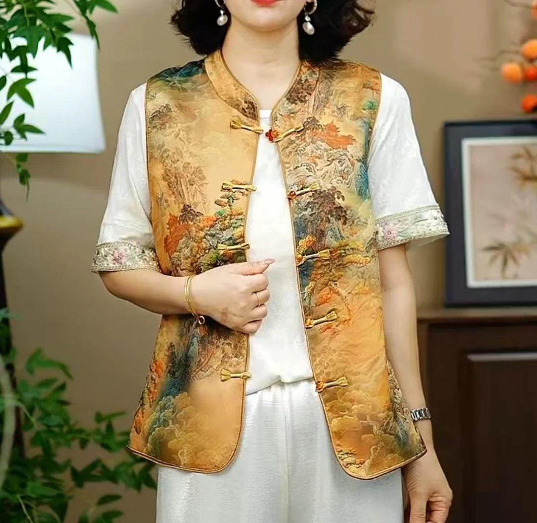 新中式国风提花马甲女春秋新款设计感复古盘扣无袖马夹上衣背心