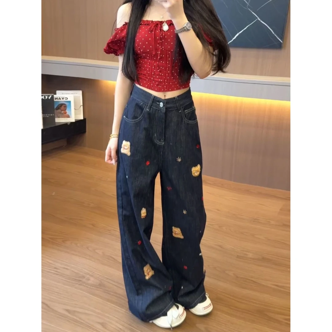 美式小熊刺绣工艺牛仔裤女秋季百搭设计感阔腿长裤直筒拖地裤