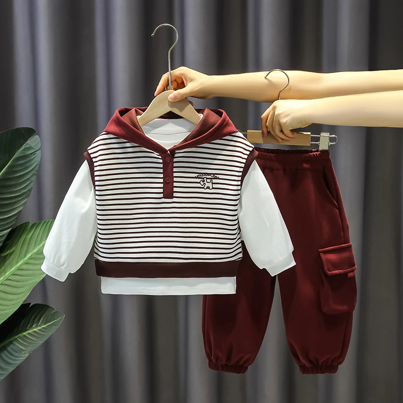 男童条纹套装秋季儿童连帽无袖POLO衫三件套宝宝春秋韩版休闲童装