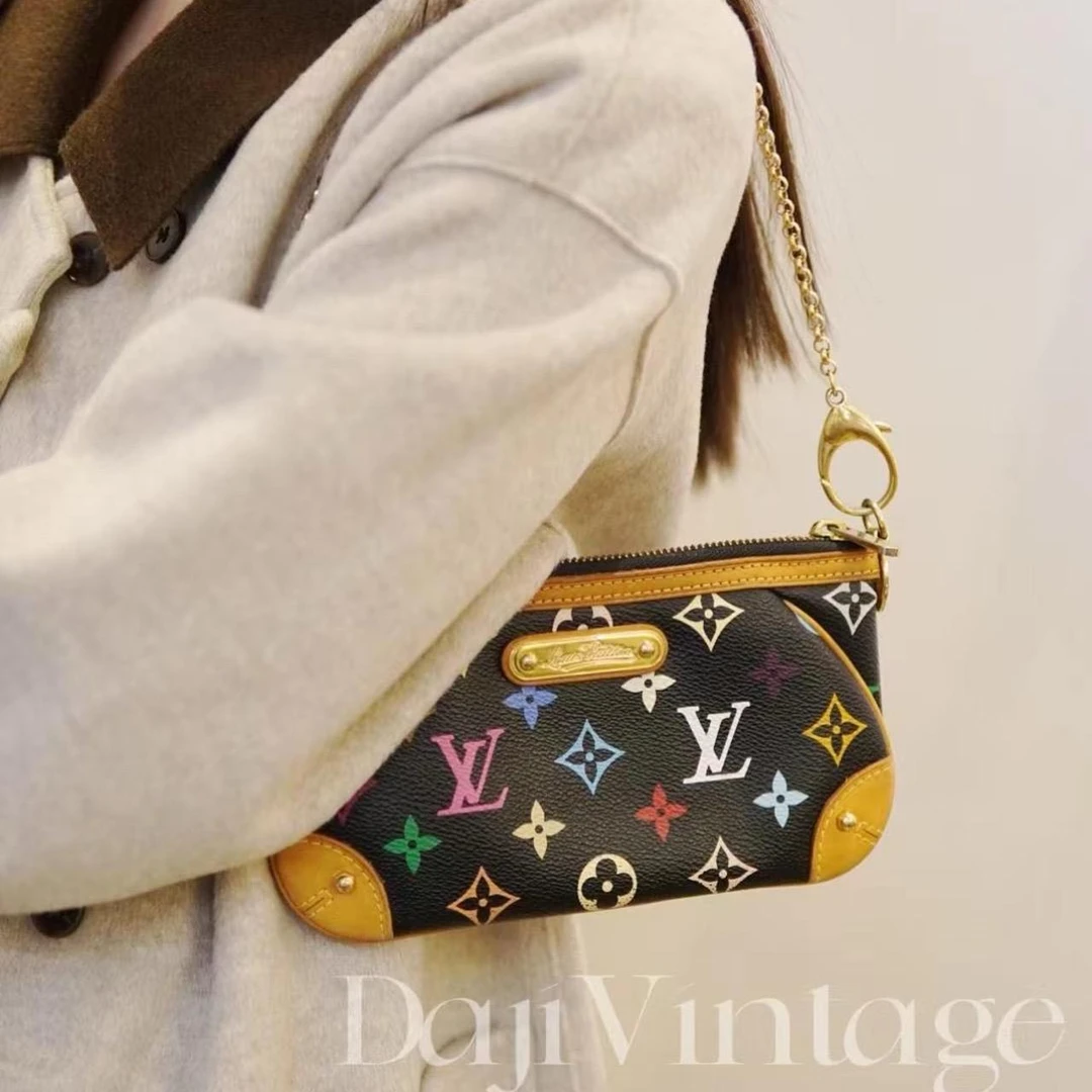 95新 LouisVuitton/路易威登 大吉中古/Lv黑三彩小麻将单肩包