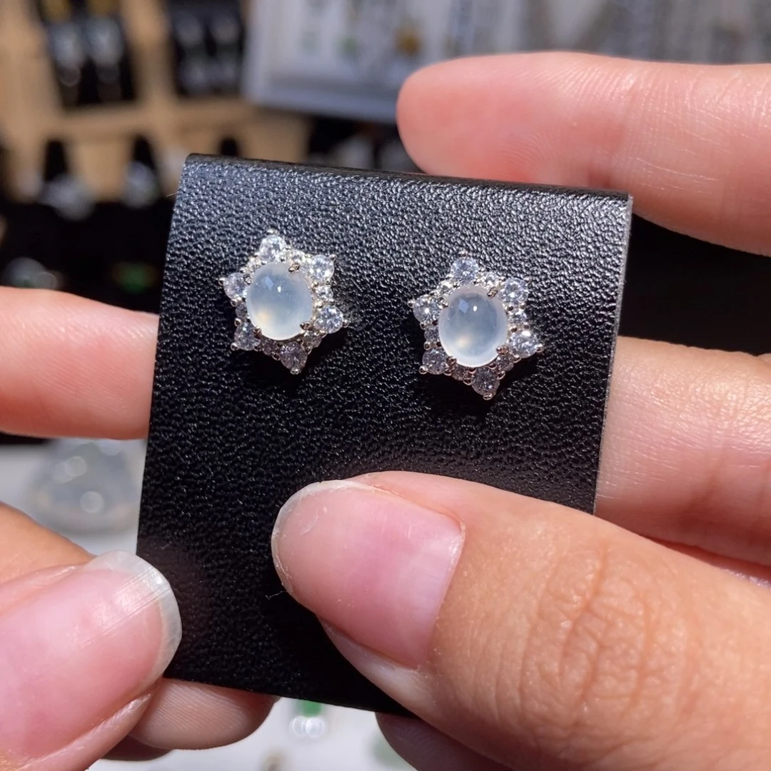 翡翠银S925镶嵌耳饰纯天然缅甸翡翠A货耳钉