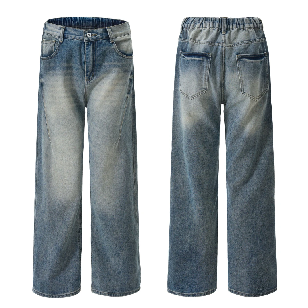 美式水洗磨白褶皱潮流舒适复古做旧高级感宽松直筒轻奢痞帅男装