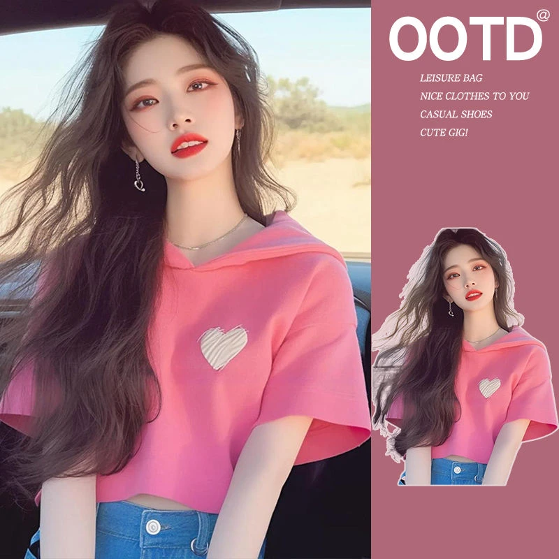 夏季独特别致甜辣妹宽松连帽半袖上衣设计感小众多巴胺短袖t恤女