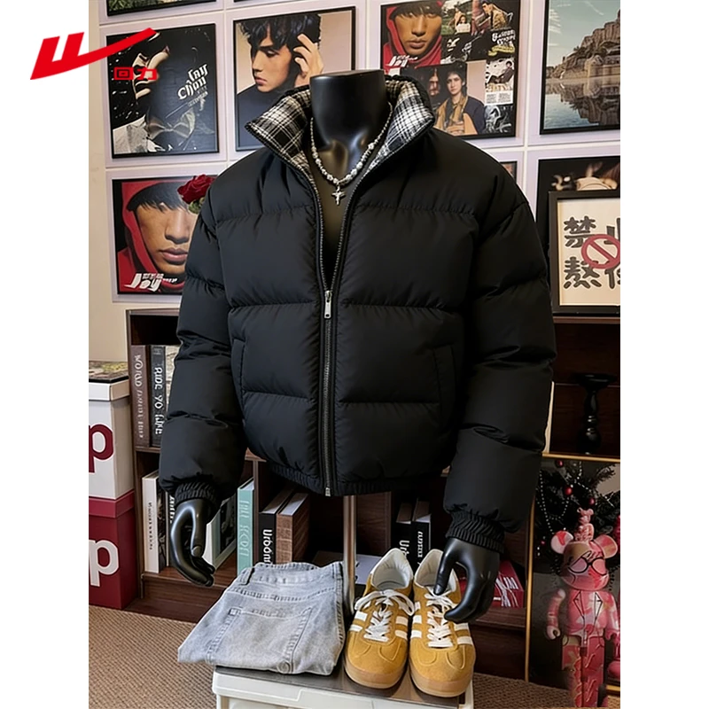 回力美式潮流格子拼接立领高级感外套男装冬季宽松百搭少年感棉服