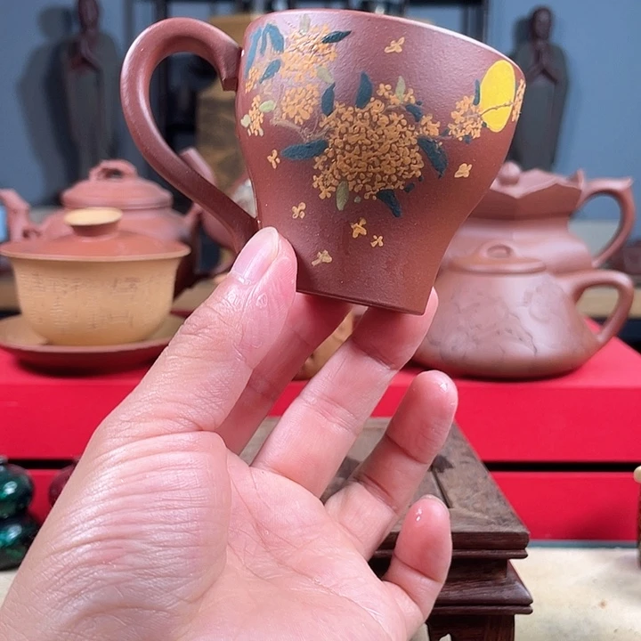 紫砂主人杯紫砂把杯花好月圆微瑕