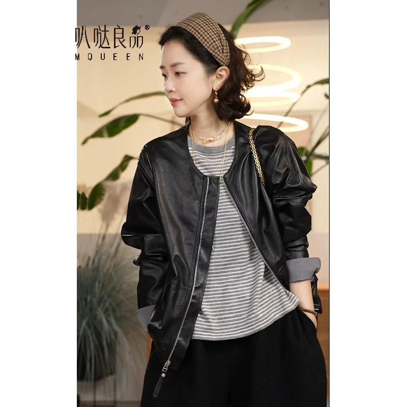 【叭哒不惑】清晨 羊皮圆领植鞣薄款短外套夏季简约皮衣百搭外套