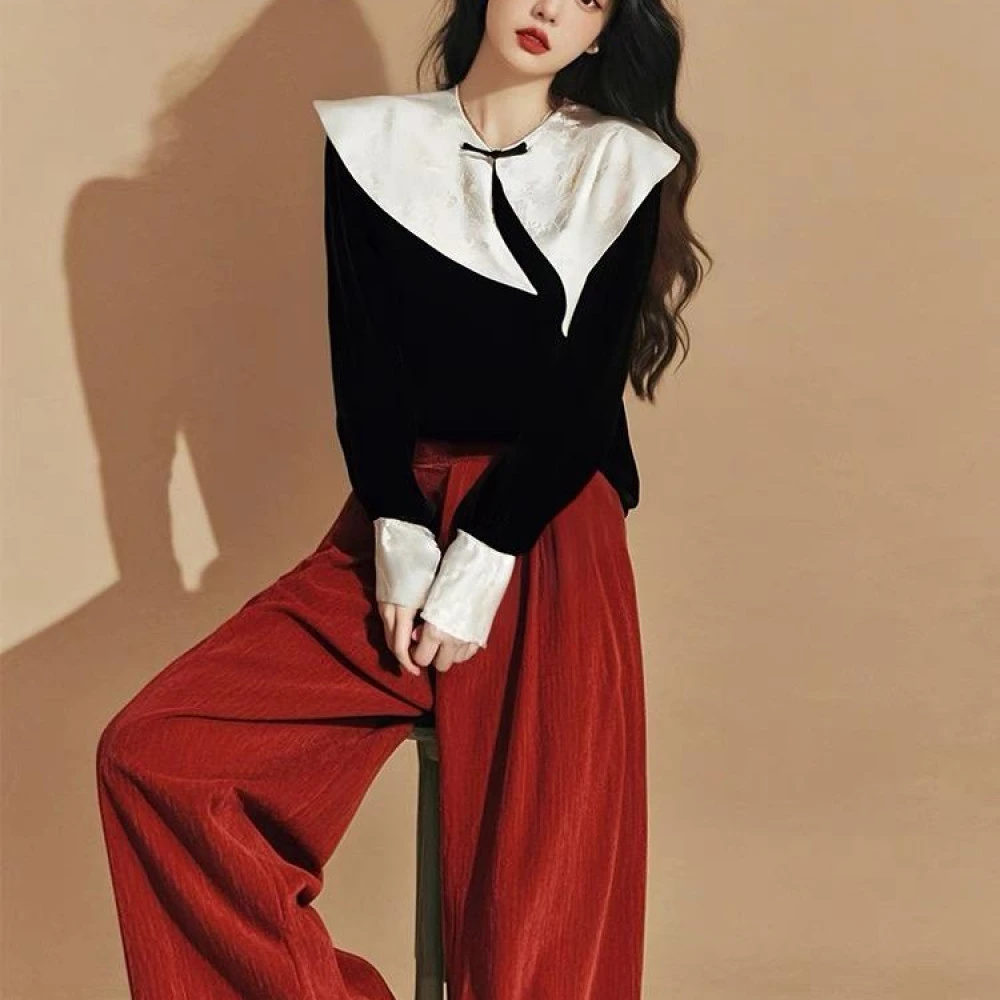 今年流行的新中式国风黑色撞色盘扣丝绒衬衫时尚阔腿裤高级感套装