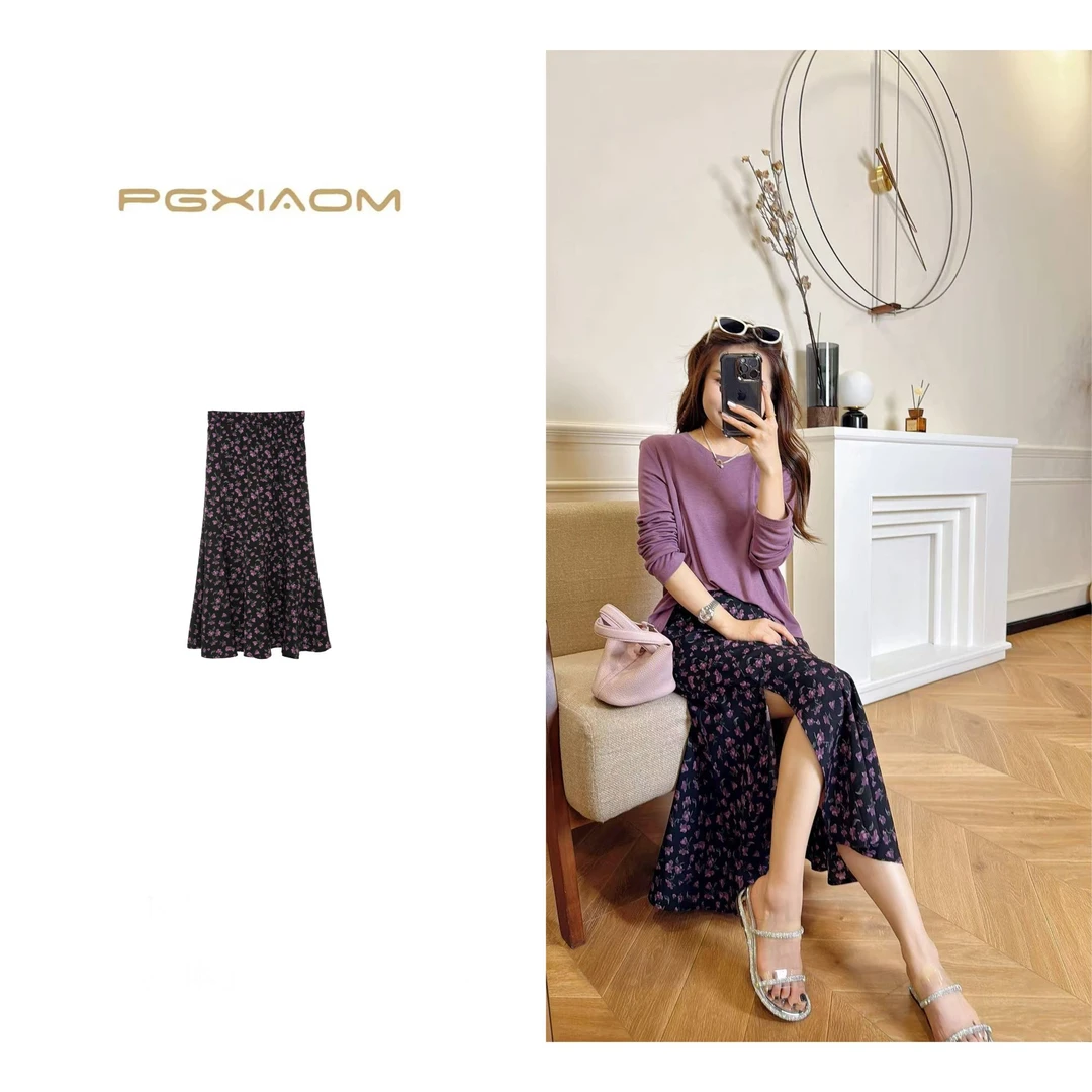 【PGXIAOM】润秀定制紫色碎花半身鱼尾裙QZ5979 （开叉在左边）