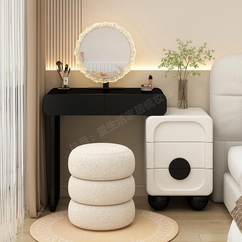 小户型烤漆实木梳妆台卧室60cm奶油风斗柜现代简约黑白收纳化妆桌