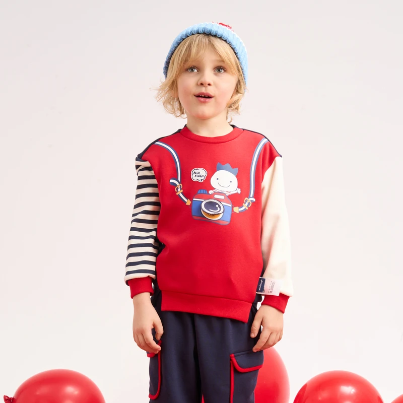 阿路和如儿童卫衣女童2024新款男童条纹拼接休闲保暖上衣