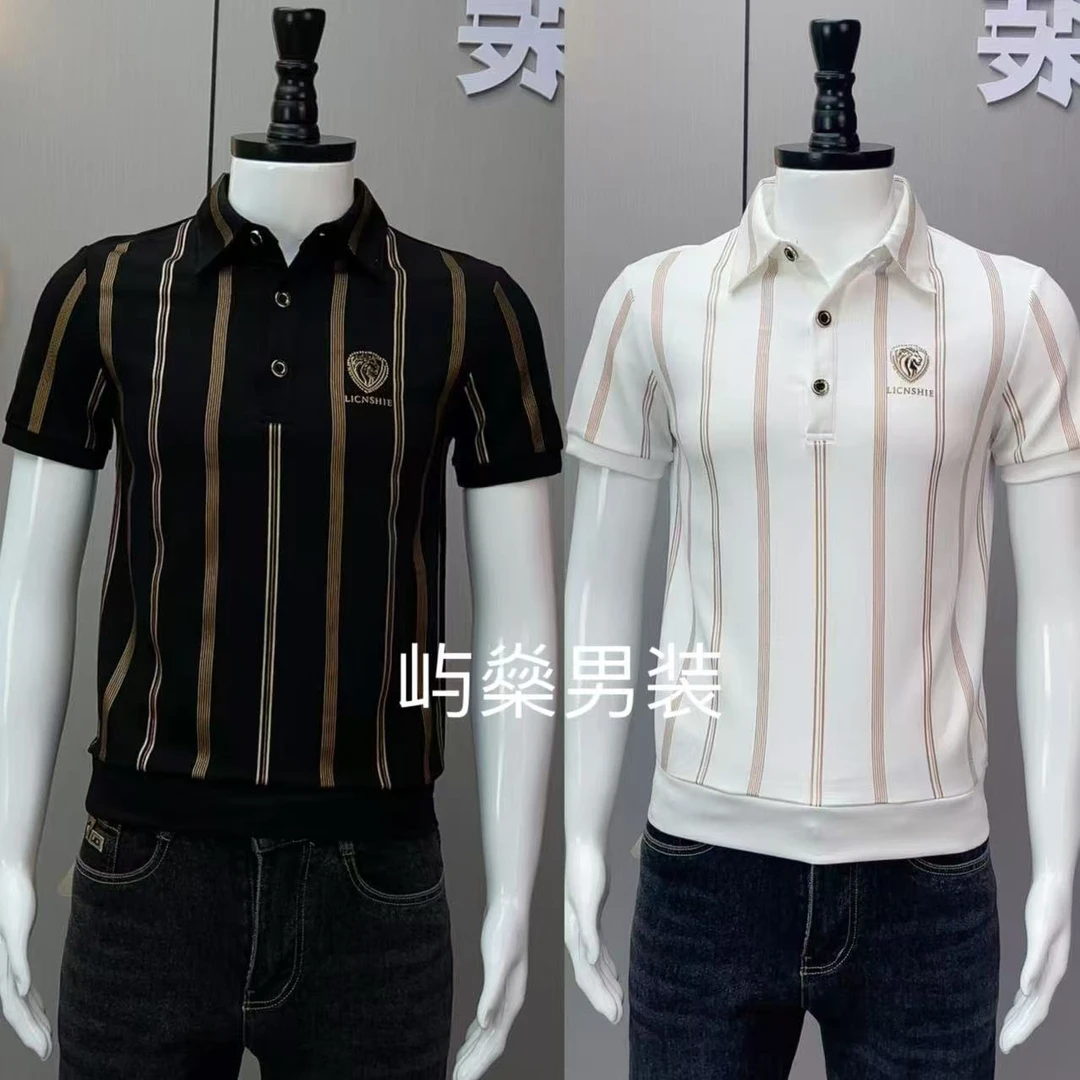 轻奢欧货短袖POLO衫男士夏季商务修身个性条纹高级感
