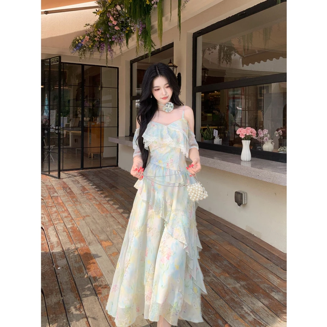 blovelan清梦花汐 晕染印花夏季收腰不规则飘逸度假吊带裙连衣裙