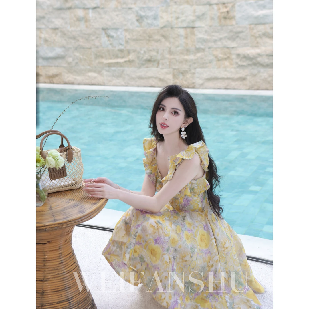 WEIFANSHU/魏凡舒【日落神颜】春夏新款方领花朵甜美印花晕染连衣裙