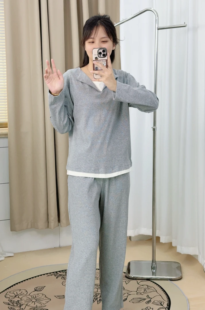 【V领灰白】家迎睡衣秋冬双面纯棉套头新款睡衣家居服长裤女士春秋