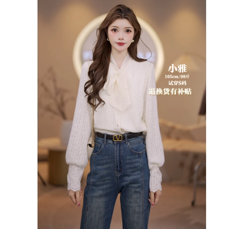 马克华菲女装2025秋季V领系带百搭蕾丝小衫长袖气质衬衫上衣 X