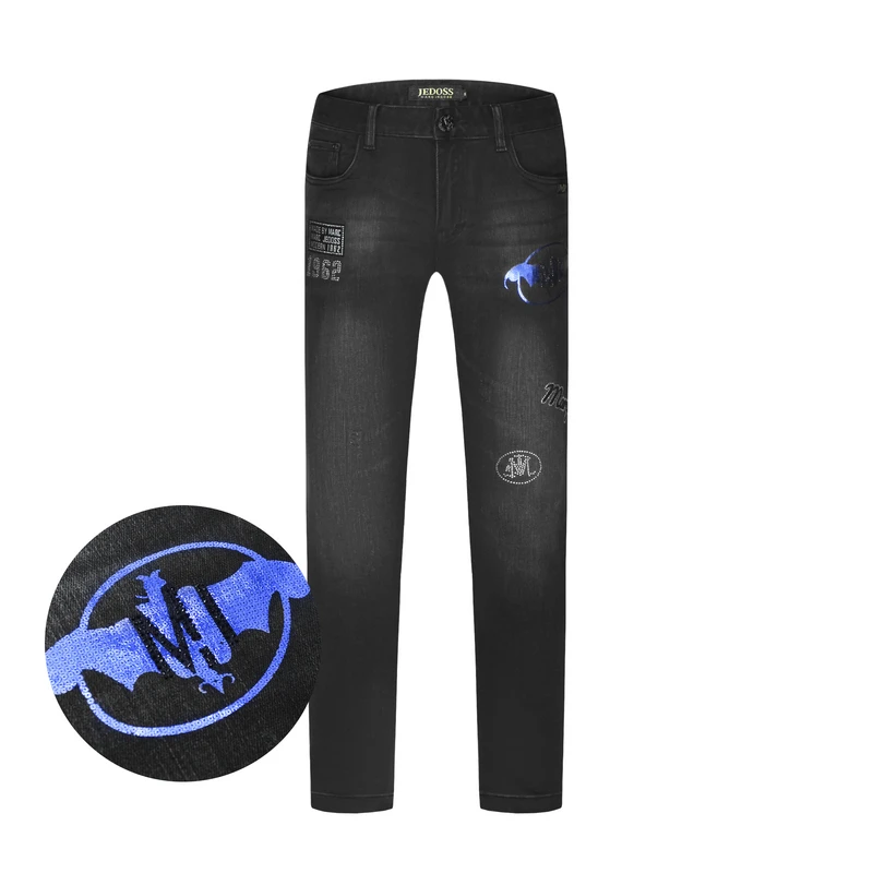 JEDOSS/爵迪斯裤子男款夏季植绒烫钻刺绣潮酷修身小直筒牛仔裤1SX