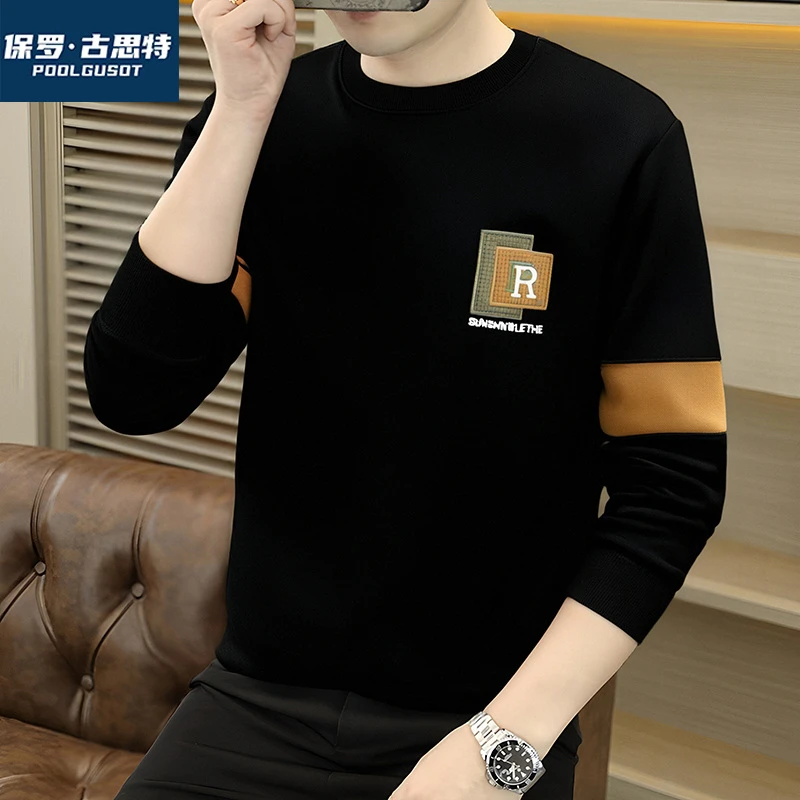 保罗·古思特新款男士秋季圆领长袖卫衣字母刺绣潮流拼接宽松休闲